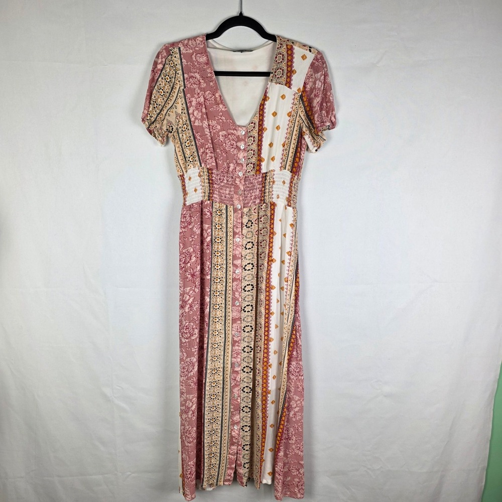 J Gee Womens Mixed Floral Patchwork Maxi Dress Pink Cream Smocked Waist Medium